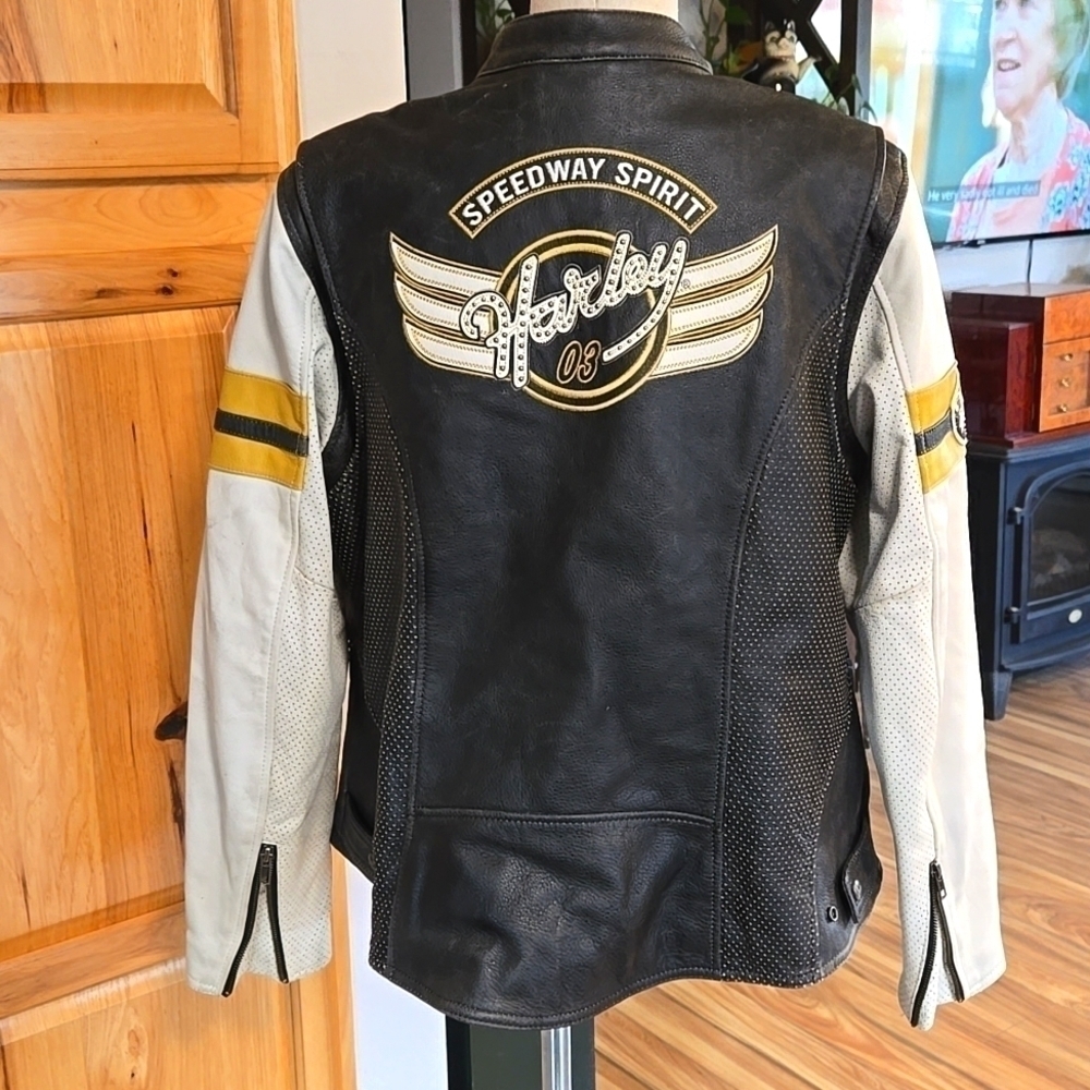 Harley-Davidson Leather Jacket Size 1W Unique Distressed Black Yellow Ivory